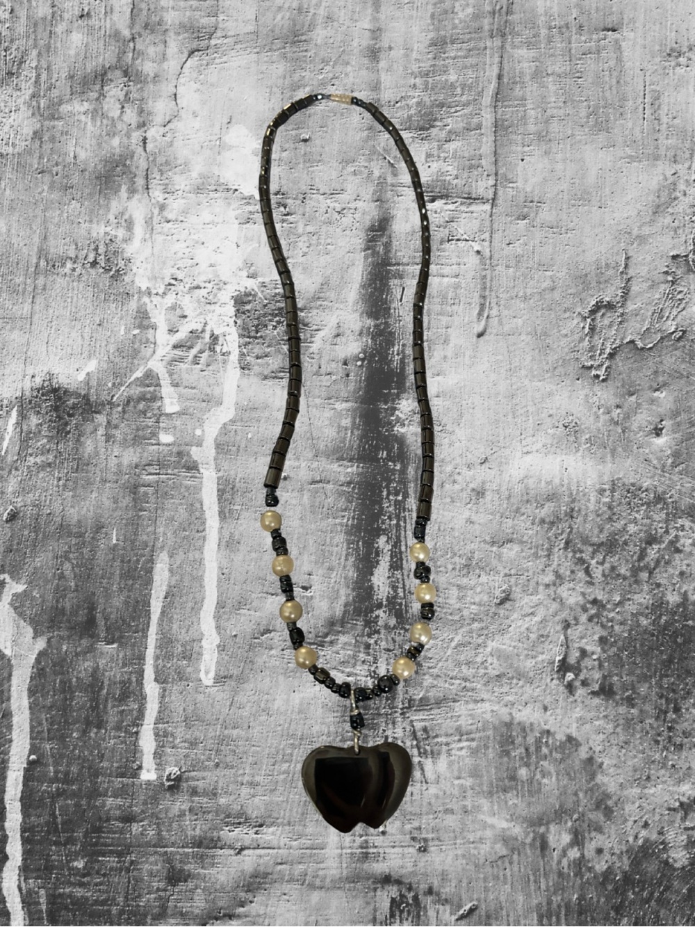 Hand Crafted Black Heart Pendant Necklace with Cream Bead Accents